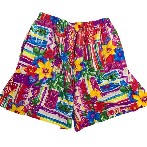 Vintage 90s Napa Valley Pullon Shorts L Red Tropical Floral Elastic Pockets - Picture 1 of 5